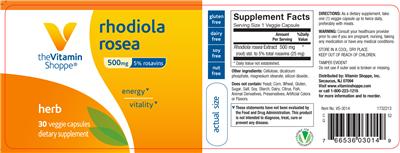 Photo of the The Vitamin Shoppe Rhodiola Rosea 500 mg label