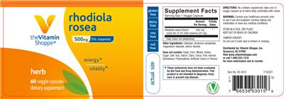 Photo of the The Vitamin Shoppe Rhodiola Rosea 500 mg label