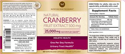 Photo of the Vitamin World Natural Cranberry Fruit Extract 500 mg label