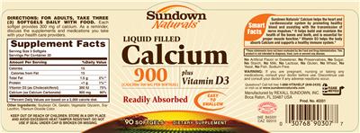 Photo of the Sundown Naturals Liquid-Filled Calcium Plus Vitamin D3 label