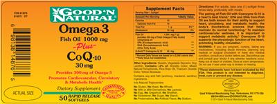 Photo of the Good 'N Natural Omega-3 Fish Oil 1000 mg Plus Co Q-10 30 mg label