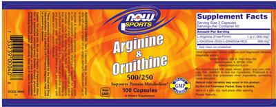 Photo of the NOW Sports Arginine & Ornithine 500/250 label