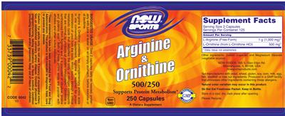 Photo of the NOW Sports Arginine & Ornithine 500/250 label