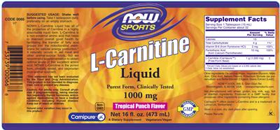 Photo of the NOW Sports L-Carnitine Liquid 1000 mg Tropical Punch Flavor label