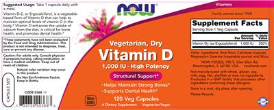 Photo of the NOW Vegetarian, Dry Vitamin D 1,000 IU - High Potency label