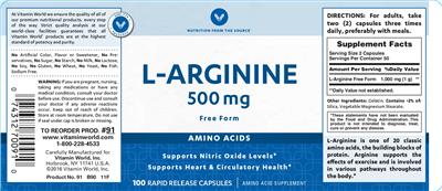Photo of the Vitamin World L-Arginine 500 mg label