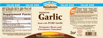 Photo of the Sundown Naturals Odorless Garlic label