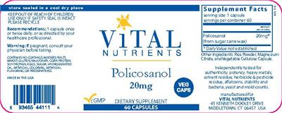 Photo of the Vital Nutrients Policosanol 20 mg label