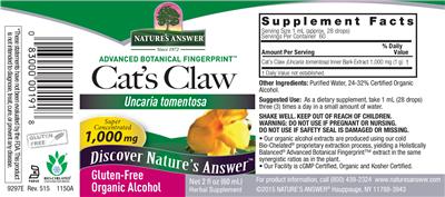 Photo of the Nature's Answer Cat's Claw 1,000 mg label