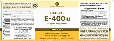 Photo of the Vitamin World Natural E-400 IU D-Alpha Tocopherol label