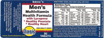 Photo of the Basic Vitamins Men's Multivitamin Health Formula with Lycopene label
