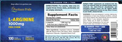 Photo of the Puritan's Pride L-Arginine 1000 mg label