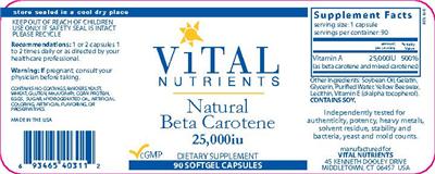 Photo of the Vital Nutrients Natural Beta Carotene 25,000 IU label