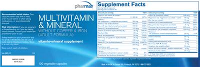 Photo of the Pharmax MultiVitamin & Mineral without Copper & Iron label