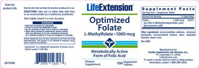 Photo of the Life Extension Optimized Folate label