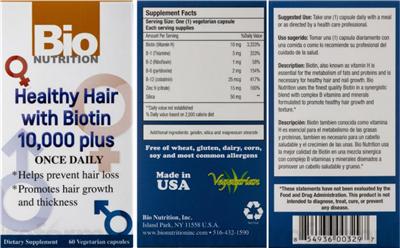 Photo of the Bio Nutrition Healthy Hair with Biotin 10,000 Plus label