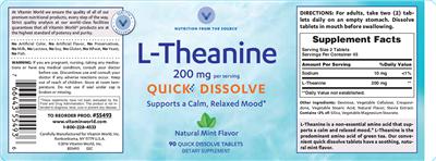 Photo of the Vitamin World L-Theanine 200 mg Natural Mint Flavor label