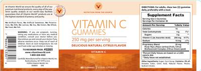 Photo of the Vitamin World Vitamin C Gummies 250 mg Delicious Natural Citrus Flavor label