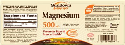 Photo of the Sundown Naturals Magnesium 500 mg label