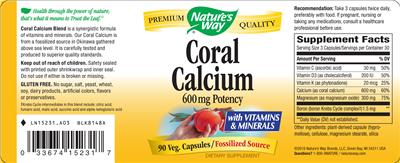 Photo of the Nature's Way Coral Calcium 600 mg Potency label
