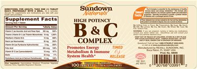 Photo of the Sundown Naturals High Potency B & C Complex label