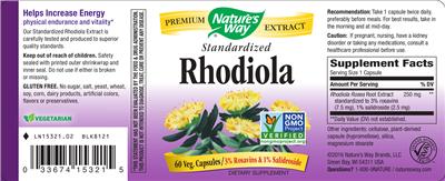 Product label for Standardized Rhodiola