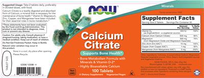 Photo of the NOW Calcium Citrate label