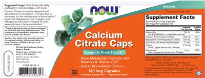 Photo of the NOW Calcium Citrate Caps label