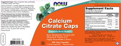 Photo of the NOW Calcium Citrate Caps label