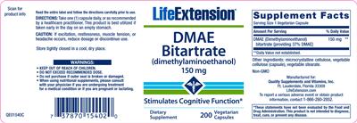 Photo of the Life Extension DMAE Bitartrate (Dimethylaminoethanol) 150 mg label