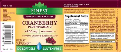 Photo of the Finest Nutrition Cranberry Plus Vitamin C 4200 mg label