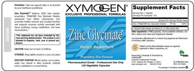 Photo of the XYMOGEN Zinc Glycinate label