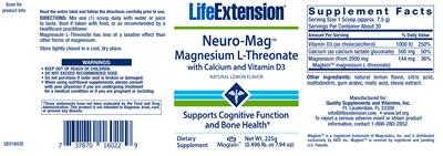 Photo of the Life Extension Neuro-Mag Magnesium L-Threonate With Calcium And Vitamin D3 Natural Lemon Flavor label