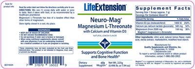 Photo of the Life Extension Neuro-Mag Magnesium L-Threonate With Calcium And Vitamin D3 Natural Lemon Flavor label