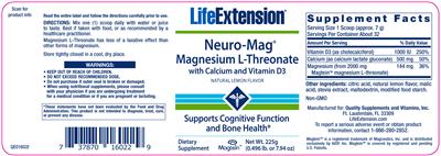 Photo of the Life Extension Neuro-Mag Magnesium L-Threonate With Calcium And Vitamin D3 Natural Lemon Flavor label