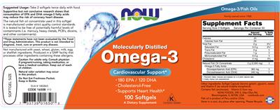 Photo of the NOW Molecularly Distilled Omega-3 label
