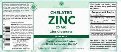 Photo of the Vitamin World Chelated Zinc 25 mg label