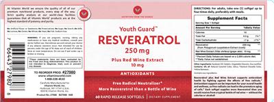 Photo of the Vitamin World Youth Guard Resveratrol 250 mg Plus Red Wine Extract 10 mg label