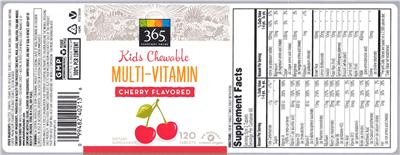 Photo of the 365 Everyday Value Kids Chewable Multi-Vitamin Cherry Flavored label