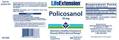Photo of the Life Extension Policosanol 10 mg label