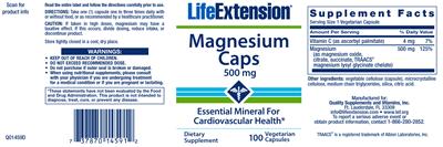 Photo of the Life Extension Magnesium Caps 500 mg label