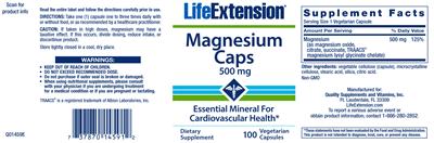 Photo of the Life Extension Magnesium Caps 500 mg label