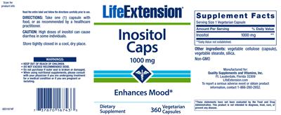 Photo of the Life Extension Inositol Caps 1000 mg label