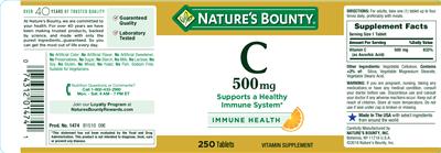 Photo of the Nature's Bounty C 500 mg label