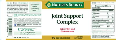 Photo of the Nature's Bounty Joint Support Complex label