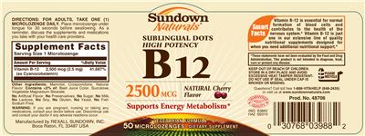 Photo of the Sundown Naturals Sublingual Dots High Potency B12 2500 mcg Natural Cherry Flavor label