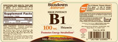 Photo of the Sundown Naturals High Potency B1 100 mg label