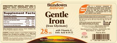 Photo of the Sundown Naturals Gentle Iron 28 mg label