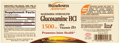Photo of the Sundown Naturals Maximum Strength Glucosamine HCl 1500 mg label