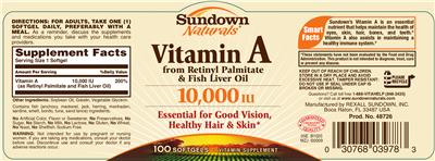 Photo of the Sundown Naturals Vitamin A 10,000 IU label